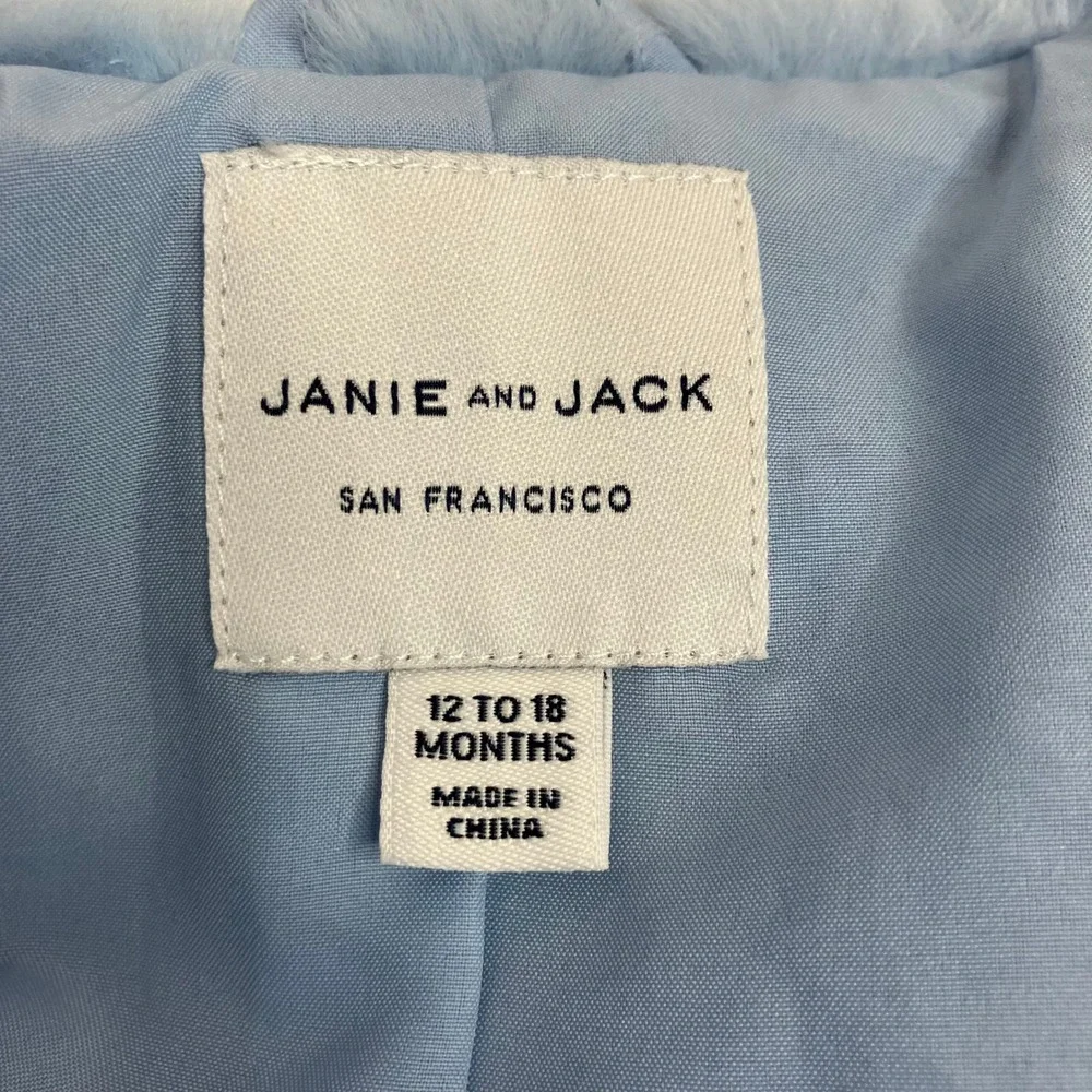 Janie and Jack Faux Fur Coat Ice Blue w/ Navy Bow Dressy Outerwear 12-18‎ months